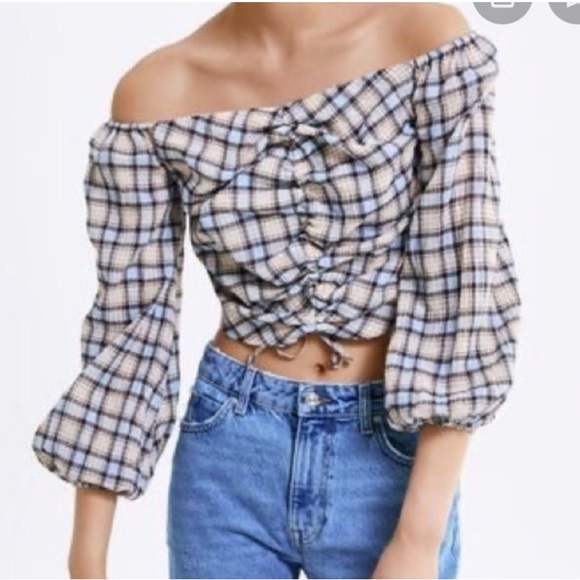 Zara Tops - Zara Women's M Blue‎ Cream Plaid Ruched Chic Cottagecore 3/4 Sleeve Blouse